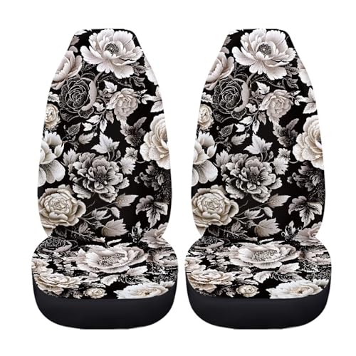 Black White Flower Universal Front Seat Covers, Pack of Two Easy to Install Fit for Trucks Vans SUV Sedans Automotive Comfortable - color: Black White Flower