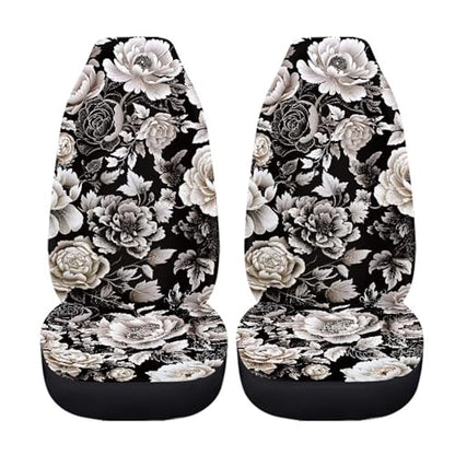 Black White Flower Universal Front Seat Covers, Pack of Two Easy to Install Fit for Trucks Vans SUV Sedans Automotive Comfortable - color: Black White Flower