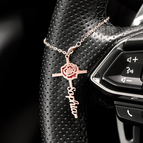 BYFDIY Custom Hanging Car Charm Cross Personalized Name Birth Flower Wheel Charm Rearview Mirror Accessories Birthday Easter Gift for Female Christian Drivers Women 1.8"×1"