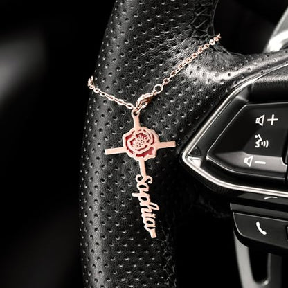 BYFDIY Custom Hanging Car Charm Cross Personalized Name Birth Flower Wheel Charm Rearview Mirror Accessories Birthday Easter Gift for Female Christian Drivers Women 1.8"×1"