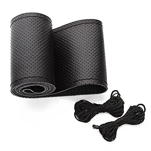Onerbuy Universal Leather Car Steering Wheel Stitch On Wrap Cover DIY Sewing Breathable and Anti Slip, Maximum for 15-Inch Diameter Car Steering Wheel (Black) - color: Black