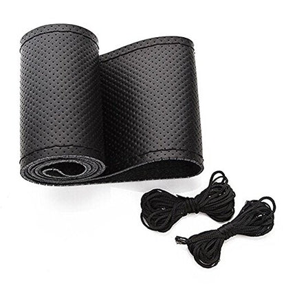 Onerbuy Universal Leather Car Steering Wheel Stitch On Wrap Cover DIY Sewing Breathable and Anti Slip, Maximum for 15-Inch Diameter Car Steering Wheel (Black) - color: Black
