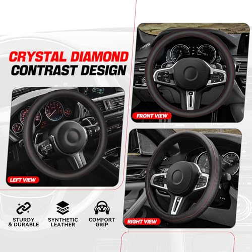 Auto Dynasty Steering Wheel Cover, Breathable Microfiber Leather Car Steering Wheel Protector with Stitching Hexagon Quilted, Anti-Slip, [14 1/2 to 15 Inches] Universal Fit Cars Trucks SUVs - color: Hexagon Stitched Red B