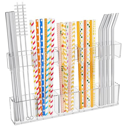 9.5” Large Acrylic Straw Holder for Cabinet Door-Reusable Tumbler Straw Organizer with Ultra Sticky Adhesive Tape ,Plastic Kitchen Accessories Container for Inside Cupboard Door (Transparent)