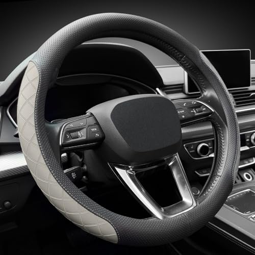 Nappa Leather Steering Wheel Cover,Elegant Diamond Checkered Design, Non-Slip wear-Resistant, Enhance Driving Comfort, Suitable for Steering Wheel Diameter 14 1/2‘-15’ Models.Black Gray - color: Black Gray
