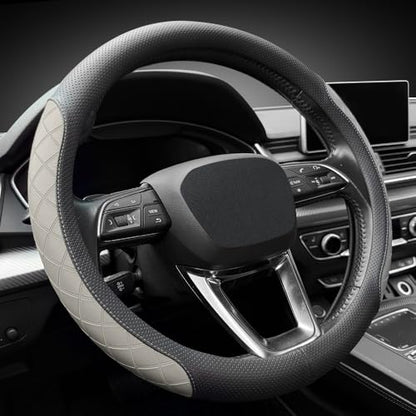 Nappa Leather Steering Wheel Cover,Elegant Diamond Checkered Design, Non-Slip wear-Resistant, Enhance Driving Comfort, Suitable for Steering Wheel Diameter 14 1/2‘-15’ Models.Black Gray - color: Black Gray