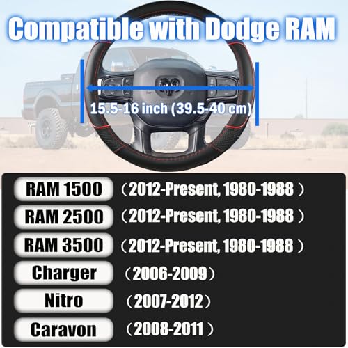 Steering Wheel Cover for Dodge RAM 1500, 2500, 3500 - Premium Microfiber Leather Auto Car Accessory with Non-Slip Grip, Rugged Durability & Interior Upgrade, 15.5-16 inch (Red-Large Size)