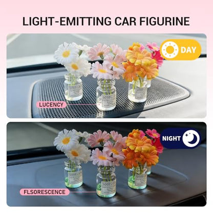 Daisy Car Dashboard Decorations - 4 Pack Mini Floral Accessories for Women - Secure Adhesive & Residue-Free Removable Vases for New Car Gift
