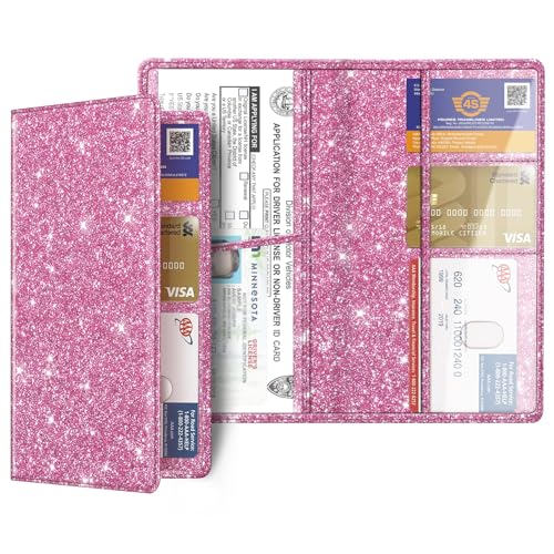 FINPAC Car Registration and Insurance Card Holder, Vehicle Glove Box Card Organizer Wallet Automobile Accessories for License - color: Glitter Pink