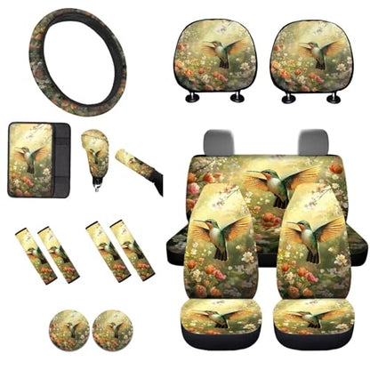 16 Pieces Car Seat Cover Sets for Women, Hummingbird Flower Print Car Front Rear Seat Cover Steering Wheel Cover Seat Belt Pads Arm Rest Cover Coaster, Universal Fit Car Interior Accessories - color: Yellow and Green - Hummingbird Flower