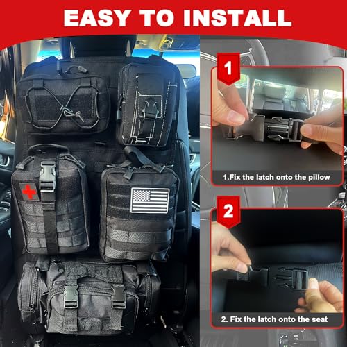 Universal Tactical Front Seat Back Organizer with 5 detachable Molle Storage Bag/Hanger Bag,Applicable to all vehicle (Black)
