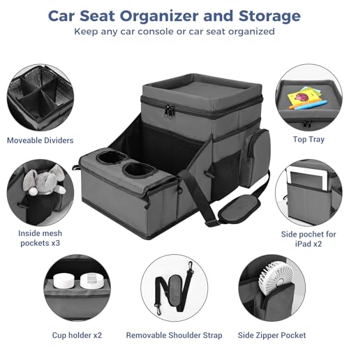 COOLBEBE Car Seat Organizer, Backseat Car Organizer with Cup Holders for Kids and Adults Travel, Cooler Compartment Passenger Seat Organizer Storage Box for Front or Middle Seat, Grey
