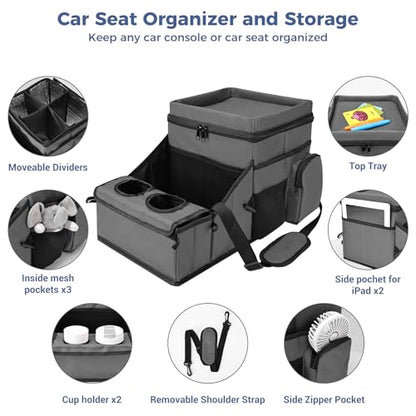 COOLBEBE Car Seat Organizer, Backseat Car Organizer with Cup Holders for Kids and Adults Travel, Cooler Compartment Passenger Seat Organizer Storage Box for Front or Middle Seat, Grey
