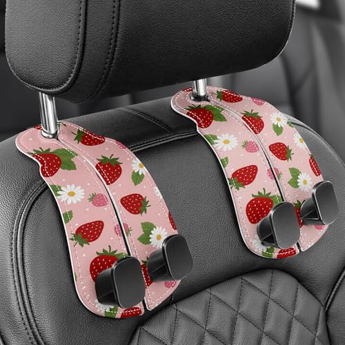 Purse Holder for Car, 2 Pack Heavy Duty Purse Hanger for Car, PU Leather Car Seat Hooks for Purses and Bags, Cute Strawberry Headrest Organizer for Handbags & Backpacks - color: Car hook - Strawberry A