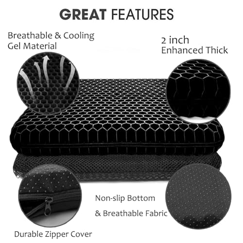 Gel Seat Cushion, Double Thick Breathable Honeycomb Design Absorbs Pressure Points Seat Cushion with Non-Slip Cover Gel Cushion for Office Chair Home Car Seat Cushion for Wheelchair (Black) - color: Black