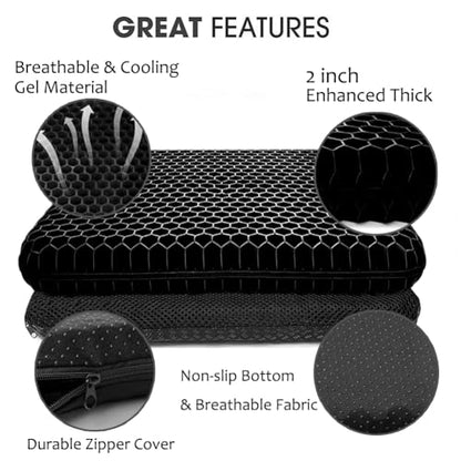 Gel Seat Cushion, Double Thick Breathable Honeycomb Design Absorbs Pressure Points Seat Cushion with Non-Slip Cover Gel Cushion for Office Chair Home Car Seat Cushion for Wheelchair (Black) - color: Black