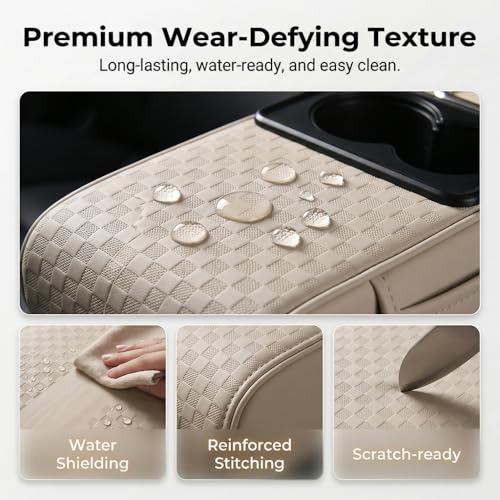 5 in 1 Car Center Console Cover, Car Armrest Cover with Cup Holder, Storage Pockets, Tissue Box Slot, Phone Holder, Car Interior Accessories (Beige) - color: Beige