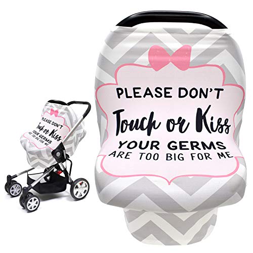 Metplus Car Seat Cover Baby Girl, No Touch Sign Carseat Canopy, Nursing Breastfeeding Covers, Stretchy Universal Fit, Multi-Use for Stroller/Shopping Cart/High Chair, Pink Bow Baby Shower Gift - color: Gray Stripe Kiss