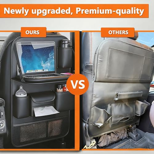 Foldable Car Backseat Organizer with Table Tray, Car Seat Back Protector with Touch Screen Phone Holder, Premium Leather Kick Mats with Storage Pockets Tissue Holder (Black)