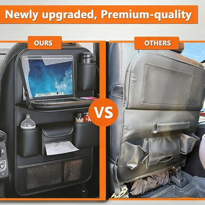 Foldable Car Backseat Organizer with Table Tray, Car Seat Back Protector with Touch Screen Phone Holder, Premium Leather Kick Mats with Storage Pockets Tissue Holder (Black)