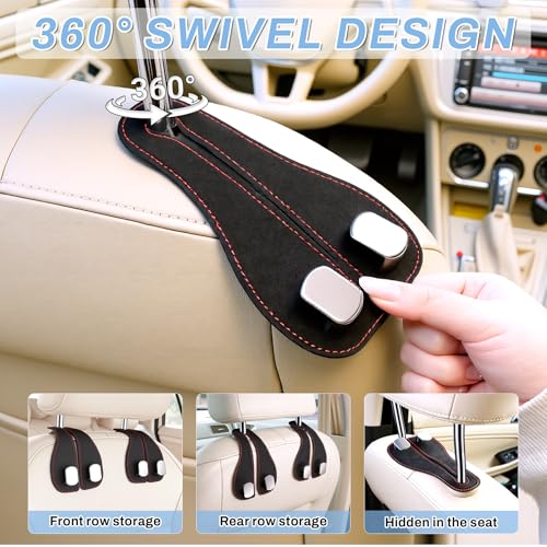 2PCS Car Purse Holder Hook, Seat Back Storage Hook, Leather-Wrapped Alloy Double Headrest Hook for Purses & Bags, Cute Car Interior Accessories for Women and Men, Black
