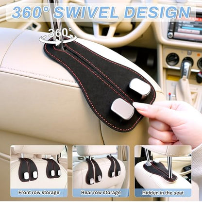 2PCS Car Purse Holder Hook, Seat Back Storage Hook, Leather-Wrapped Alloy Double Headrest Hook for Purses & Bags, Cute Car Interior Accessories for Women and Men, Black