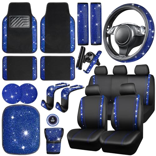 CAR PASS 23 PCS Bling Diamond Car Accessories Set for Women, Leather Seat Covers Full Set Sparkly Rhinestone15'' Steering Wheel Covers Shining Diamond Floor Mats Cute Car Interior Sets,Blue