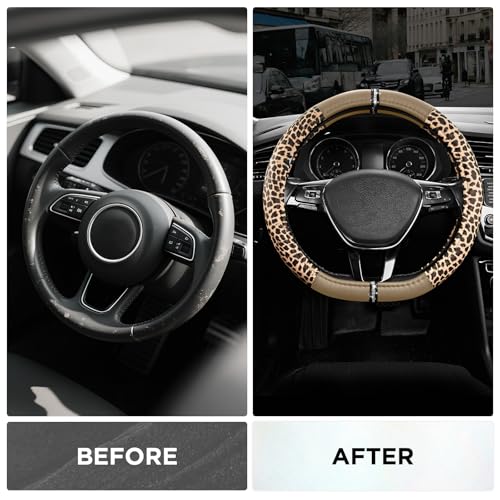 Road Comforts Leopard Steering Wheel Cover for Women, Cute Anti-Slip Microfiber Leather, Fits D Shape Flat Bottom Steering Wheel 14.5-15 Inch - Beige - color: D Shape-Beige