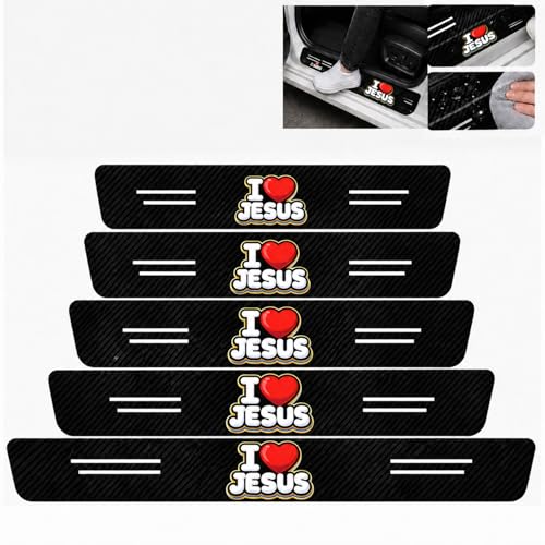 5PCS I Love Jesus Christian Car Door Sill Protector,Carbon Fiber Leather Door Sill Sticker,Anti-Scratch Scuff Plate Sticker for All Car Models,Religious Car Accessories,Christian Gifts for Believer - color: I Love Jesus