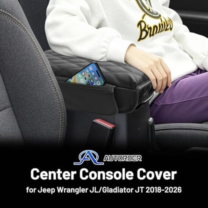 Autorder Center Console Cover for 2018-2026 Jeep Wrangler JL/Gladiator JT Accessories Leather Armrest Cushion Cover with Storage Pockets Anti-Scratch Armrest Pad for Cat Dog Pet - size: 2018-2026 Jeep Wrangler