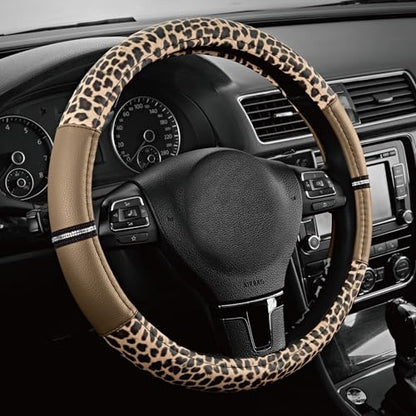 Road Comforts Leopard Steering Wheel Cover for Women, Cute Anti-Slip Microfiber Leather, Universal Fit 14.5-15 Inch Round Steering Wheel - Beige - color: Round Beige