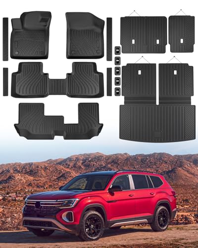 Full Set of Floor Mats for Volkswagen Atlas 2018-2025 2026(7 Seats, Not for Cross Sport), Cargo Liner & Backrest Mats & Door Sill Guards, All Weather Anti-Slip Car Interior Accessories for VW Atlas