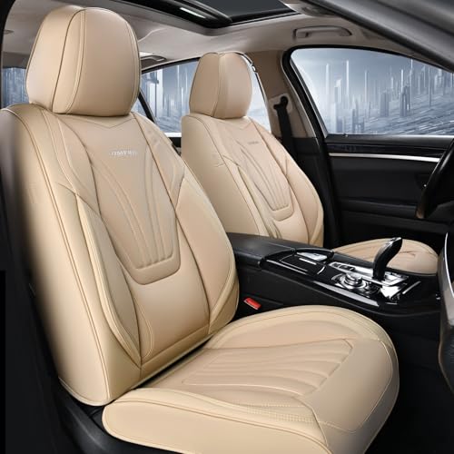 Coverado Car Seat Covers Front Seats, 2 Piece Car Seat Protector with Lumbar Support & Removable Headrest, Breathable Leather Seat Cushion Universal Fit for Truck Automotive Vehicles Beige - color: Lumbar-Beige, size: Front