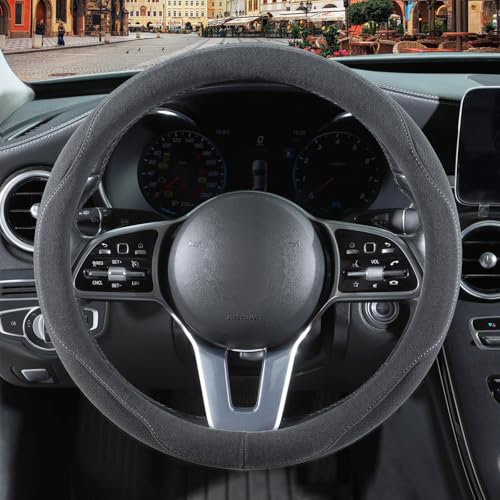 Gray Faux Suede Steering Wheel Cover, Breathable Non-Slip Sweat-Proof Wear-Resistant No Pilling, Warm in Winter and Cool in Summer, Universal 15 inch - color: Gray, size: Round-M[14.5''-15'']