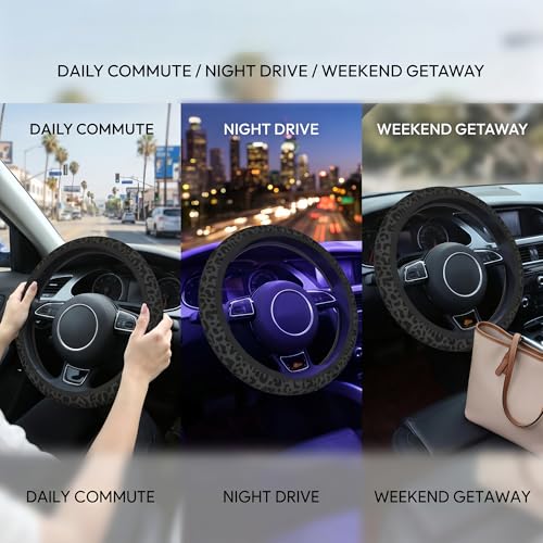 Black Leopard Print Steering Wheel Cover for Women,Universal 14-15 Inch Anti-Slip Breathable with 2 Pieces Car Coasters Cheetah Animal Print Car Wheel Cover Accessories - color: Leopard Black