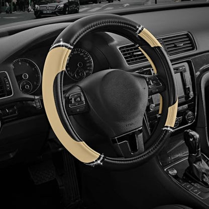 Road Comforts Leather Steering Wheel Cover - Made with PVC Leather - Anti-Slip, Universal Fit 14 1/2 inches to 15 inches - Beige - color: Beige