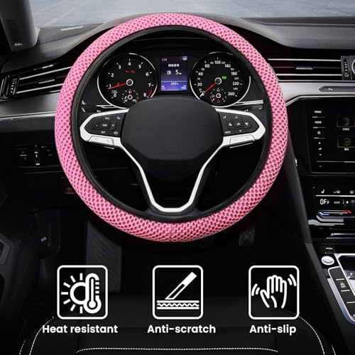 Elastic Stretch Car Steering Wheel Cover, Comfortable Steering Wheel Cover Universal for 14.5-15 Inch, Warm in Winter & Cool in Summer, Anti-Slip Breathable Ice Silk (Pink) - color: Pink