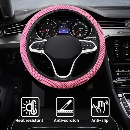 Elastic Stretch Car Steering Wheel Cover, Comfortable Steering Wheel Cover Universal for 14.5-15 Inch, Warm in Winter & Cool in Summer, Anti-Slip Breathable Ice Silk (Pink) - color: Pink