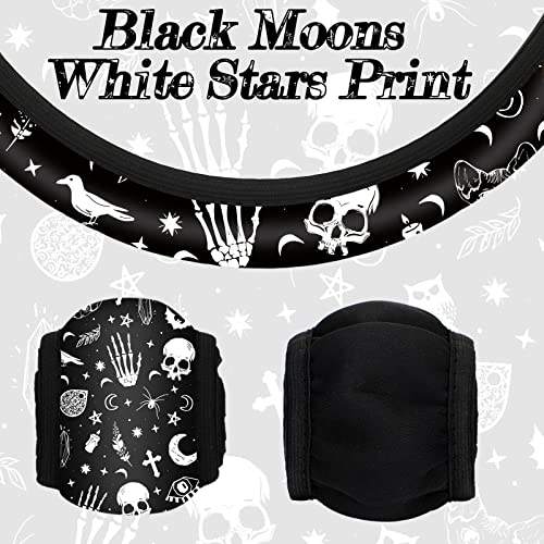 4 Pieces Black Moons White Stars Print Car Accessories Set Black Moons White Stars Steering Wheel Cover with 2 Pieces Car Cup Holder and Leather Keyring for Truck Suv(Horror Pattern)