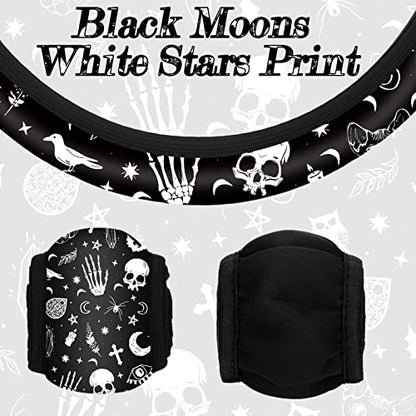 4 Pieces Black Moons White Stars Print Car Accessories Set Black Moons White Stars Steering Wheel Cover with 2 Pieces Car Cup Holder and Leather Keyring for Truck Suv(Horror Pattern)
