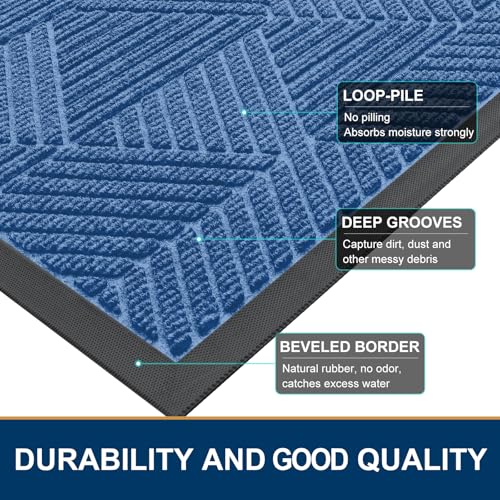 Smiry Front Door Mat Outside Entrance, Heavy Duty Sturdy Natural Rubber Doormat, Trap Dirt and Moisture, Easy Clean Low Profile Mats for Indoor Outdoor Entry, Irregular Triangle (29.5x17, Blue)