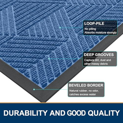 Smiry Front Door Mat Outside Entrance, Heavy Duty Sturdy Natural Rubber Doormat, Trap Dirt and Moisture, Easy Clean Low Profile Mats for Indoor Outdoor Entry, Irregular Triangle (29.5x17, Blue)