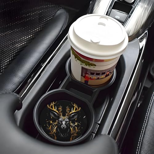 Absorbent Ceramic Car Coasters for Cup Holders, Black Gold Deer Design 2.56" Anti Slip Universal Drink Cup Coasters for Women Men (2 Pack) - color: Black Gold Deer