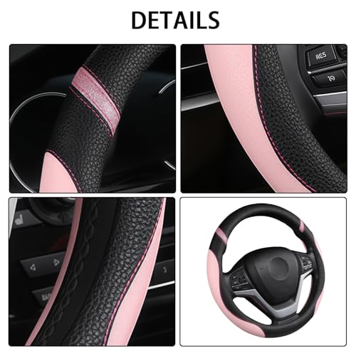 Cxtiy Pickup Truck Steering Wheel Cover – Sproty Fahsion Premium Leather Universal Non-Slip Steering Wheel Grip Set for Women Gril 15.5-16 Inch (Pink) - color: Pink
