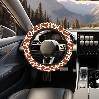 15 Pcs Car Steering Wheel Cover Center Console Armrest Pad Headrest Seat Belt Cover Handbrake Cover Keychain Coaster Full Set Car SUV (Brown Cow) - color: Brown cow