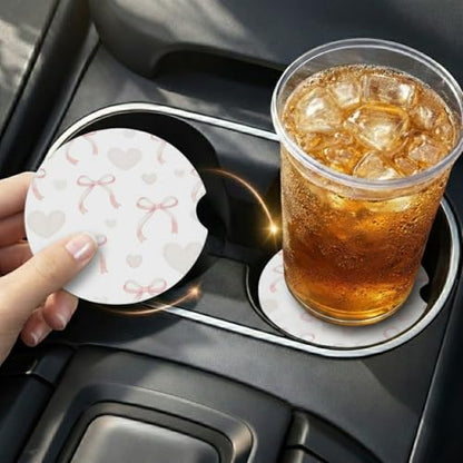 Ceramic Car Coasters, 2 Pack, 2.64" Absorbent Car Cup Holder Coasters, Cute Ceramic Car Coasters for Women, Heart Bow Pattern - color: Heart Bow