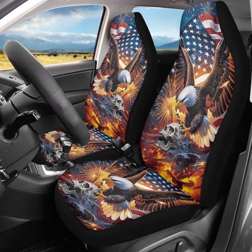 Eagle Car Seat Covers 2 Pcs Cool Car Seat Covers for Front Seats Stretch Polyester Fabric Cover Patriotic Auto Interior Accessories Universal Fit for Most Cars,SUVs,Sedans - color: Cool Eagle Skull Flag