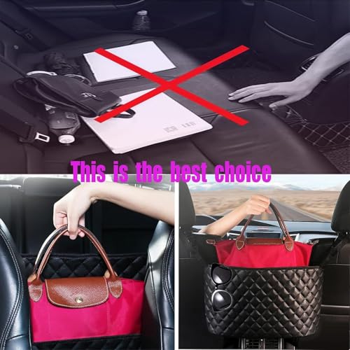 Car Net Pocket Handbag Holder，Purse Holder for Between Seats，Leather Seat Back Organizer Mesh Large Capacity Bag，Handbag Between The Two Seats - color: Black