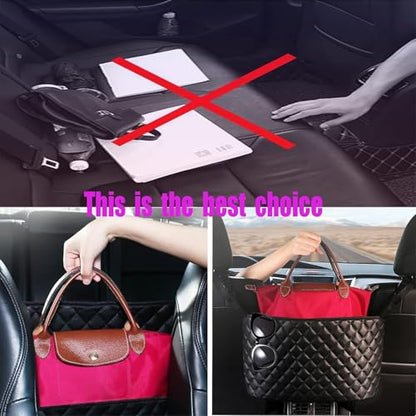 Car Net Pocket Handbag Holder，Purse Holder for Between Seats，Leather Seat Back Organizer Mesh Large Capacity Bag，Handbag Between The Two Seats - color: Black