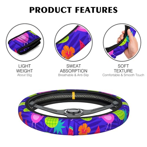 Tropical Flamingo Steering Wheel Covers Hibiscus Fruit Universal 15 Inch Car Wheel Cover,Anti-Slip Breathable Car Accessories Protector Fit for Trucks,Sedans,SUVs,Vans - color: Tropical Flamingo